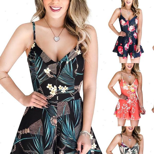 

2021 new womens summer print jumpsuit casual loose short sleeve v neck beach rompers sleeveless bodycon playsuit, Black;white