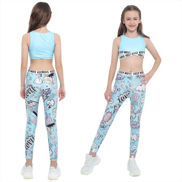 

kids girls child ballet dancewear workout gymnastics outfits sport bra tank with pants leggings dance class, White