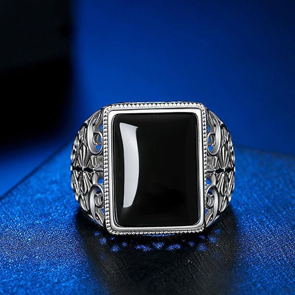

wedding rings classic men band ring hollow carved flower inlay black zircon male finger silver plated party business jewelry, Slivery;golden