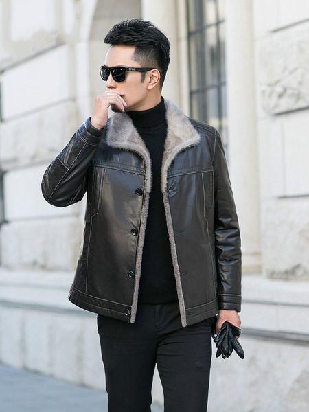 

men's leather & faux winter genuine jacket men 100% goatskin coat wool fur lining plus size mink collar jm-31-e739 kj3844, Black