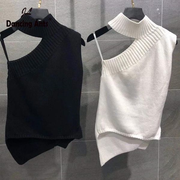 

knitted strap women tank vest sweet fashion irregular letter print female tshirts crop dropshipping, White