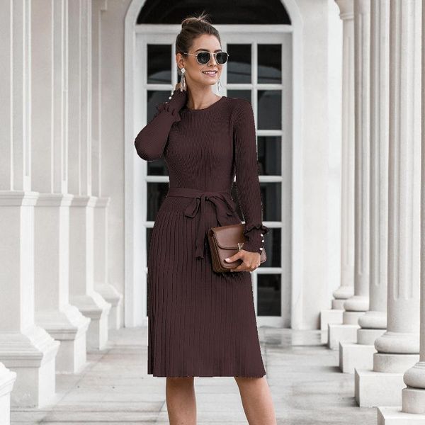 

zoulv woman new long sleeve knitting knee-length sweater dresses dress fashion elegant solid color casual stripe ruffles, Black;gray
