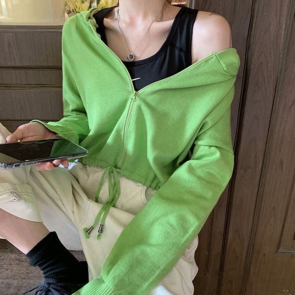 

2021 new casual knitted crop women long sleeve light green gray black hooded cardigan spring sports zipper sweater nl76