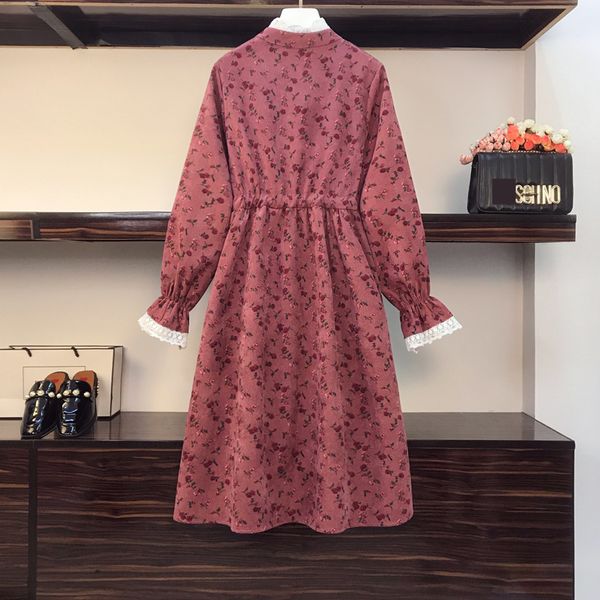 

feminine big plus size flower shredder lace print vintage autumn long sleeve bandage velvet red dress dcmy, Black;gray