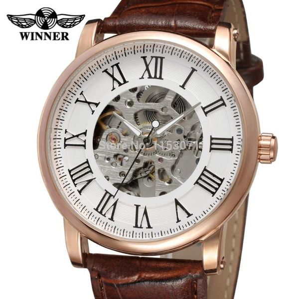 

wristwatches est winner wrg8051m3r6 fashion design rose gold color case silver dial with black roman numbers brown leather, Slivery;brown