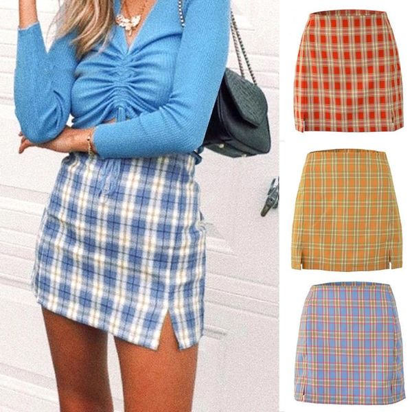 

skirts summer woman mini harajuku korean style fashion cute kawaii for girls high waist plaid split saia faldas, Black