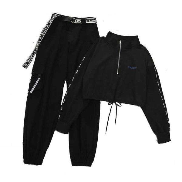 

belt zipper female cargo pants hip-hop casual two-piece streetwear black 2 piece set harajuku loose bf harem 210531, White