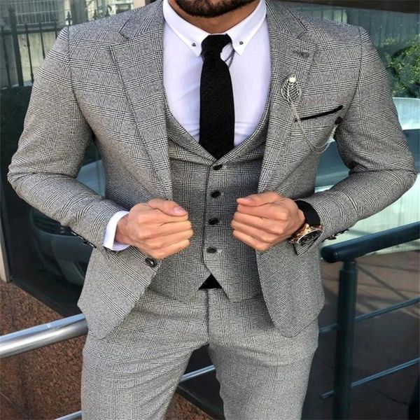 

men's suits & blazers de noiva vestido plaid check jacket 3 pieces blazer groom wear slim fit men for wedding business formal coat+pant, White;black