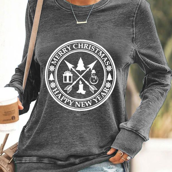 

2021 autumn winter women's round neck christmas theme printed sweater, Black