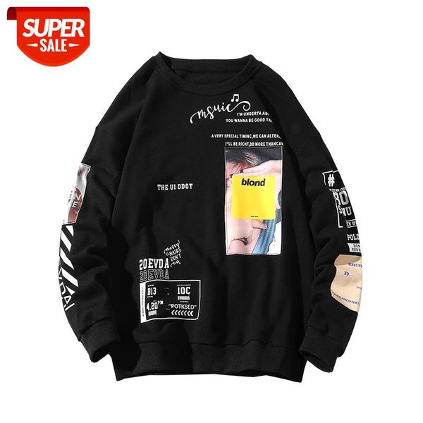

autumn new fashion men's hoodies round neck casual loose long-sleeved printed jacket hip-hop hoodies men's pullover black xxxl #da