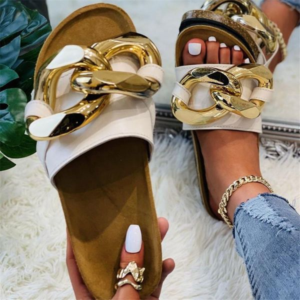 

slippers 2021 women metal chain decoration open toe beach ladies shoes non-slip fashion flat slides summer casual, Black