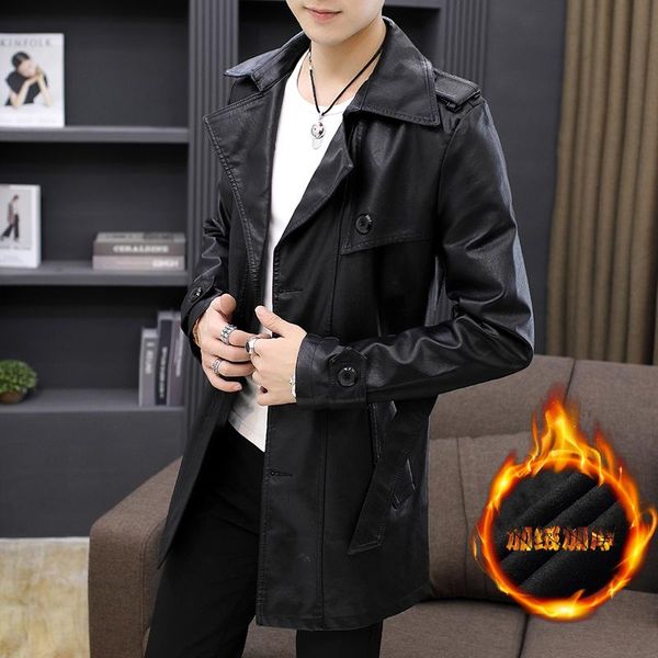 

men's fur & faux fashion mens leather jackets warm fleece long jacket waterproof trench coats winter outdoor business casual coat, Black