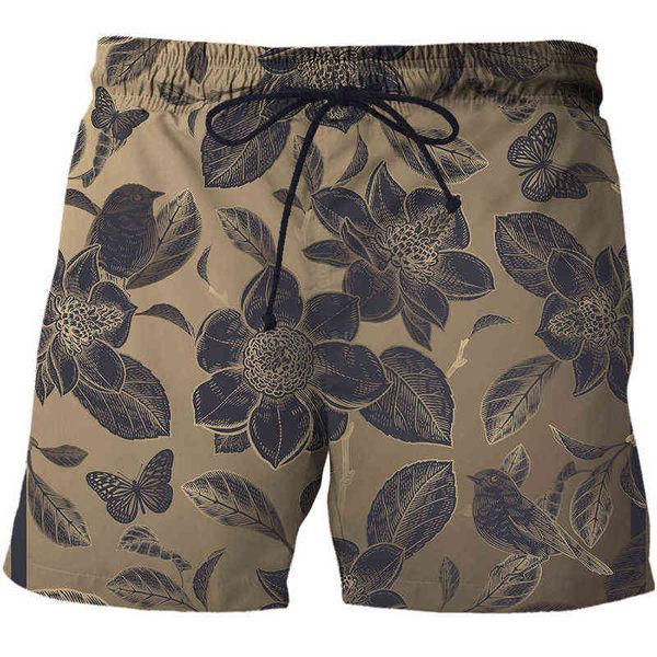 2021 Verão Nova Casual Retro Beach Shorts 3D Calças de Beach dos homens Clássicos Flor Flor Secagem rápida de secagem de natação Shorts Men's Board Shorts G1209