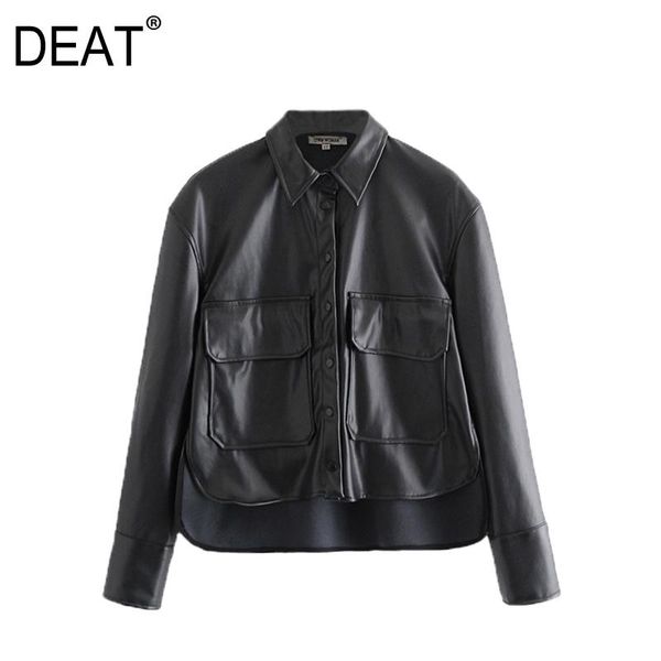 

deat] 2021 spring autumn new fashion tide turn-down collar solid color long sleeve loose pu leather women shirt 13a483, White