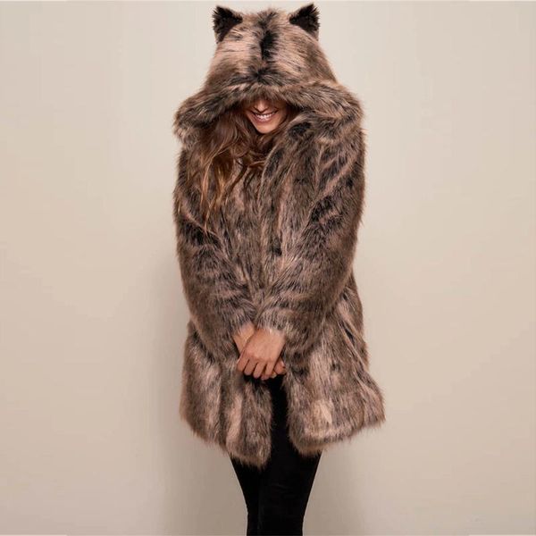 

women's jackets 2021 winter style faux fur clothing overcoat long sleeve hooded thick warm slim fit jacket, Black;brown