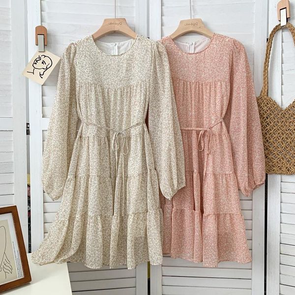 

casual dresses trendy spring summer nice women chiffon dress elegant vintage print round neck long sleeve mini with belt, Black;gray