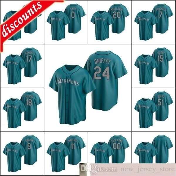 

2020 baseball men #24 ken griffey 51 ichiro suzuki 15 kyle seager custom women youth kids alternate jersey, Blue;black