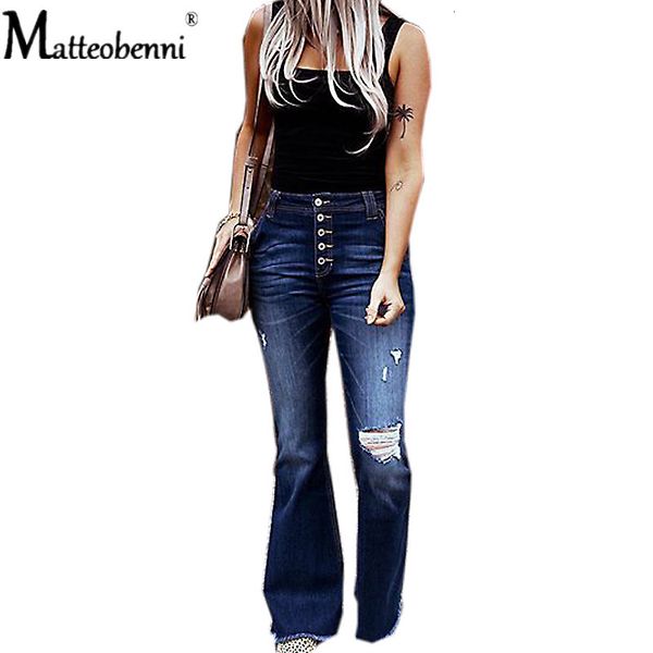 

2021 new fashion ripped bell bottom vintage ny flare stretchy blue button jeans women denim pants 7i68