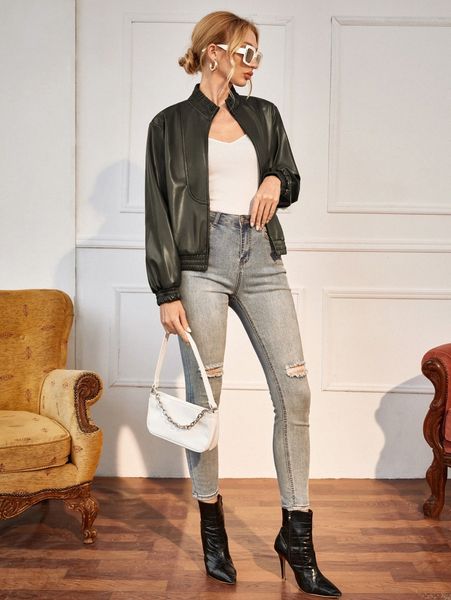 

mock neck zip up patent jacket 32ti#, Black;brown