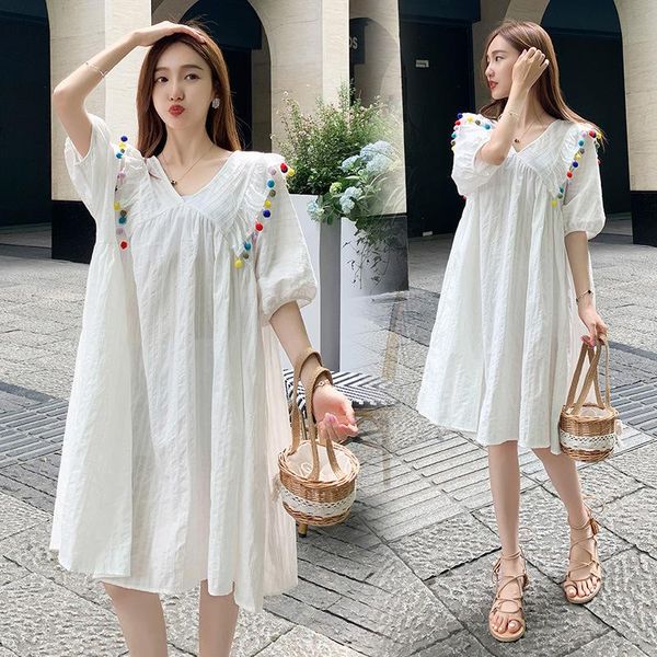 

maternity dresses summer large size loose thin cotton dress korean fashion v neck sweet clothes for pregnant women pregnancy, White