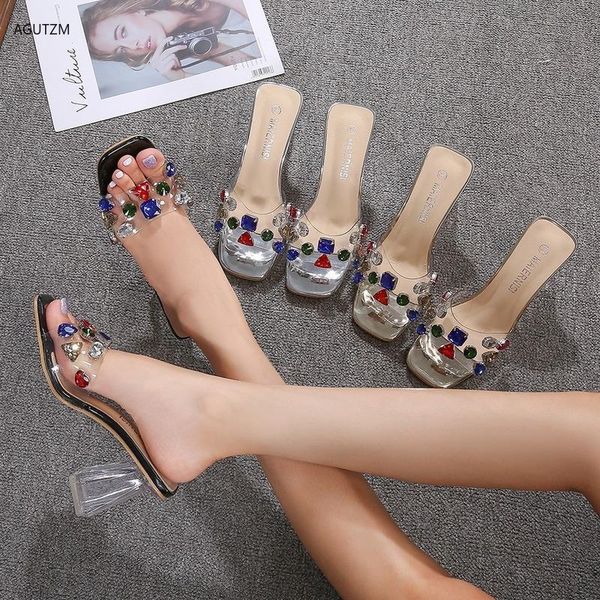 

2021 slippers women sandals fashion rhinestone crystal women summer shoes open toe pvc high heels sandals party pumps size 46, Black