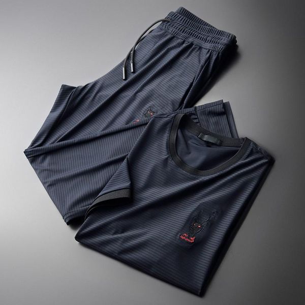

men's tracksuits summer mens suit (t-shirt+pants) luxury embroidery short sleeves casual sports male sets fashion slim fit man tracksui, Gray