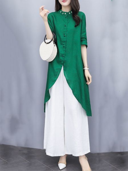 

2021 new simple elegant women two piece set and art embroidery plus size stand collar long shirt wide leg suit pg6w, Gray
