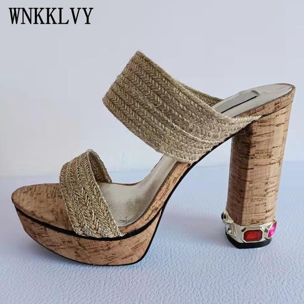 

slippers 2021 weave woman crystal high heels hand woven solid color sandals summer diamond party dress shoes ladies, Black