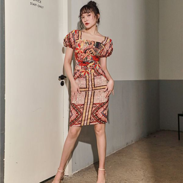 

2021 new court vintage bodycon summer sleeve square collar tunic ladies tight women rayon print q26q, Black;gray