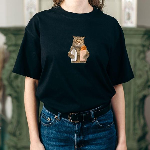 

women's t-shirt zodf 2021 loose soft cotton t shirts for women girls funny cat printing summer female short sleeve tees, White