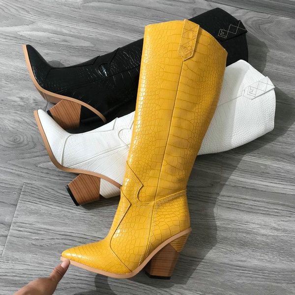 

boots clearance-sale snake print faux leather women knee high pointed toe western cowboy long chunky wedges, Black