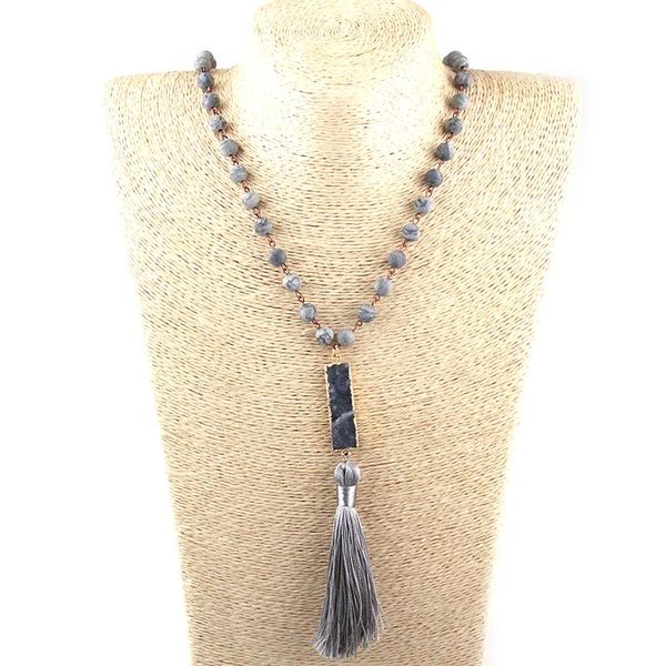 

pendant necklaces fashion frosted semi precious stones rosary chain rectangle druzy link crystal tassel ethnic necklace, Silver