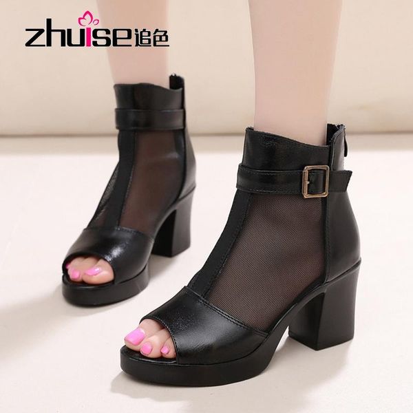 

sandals 2021 spring mesh fish mouth thick heels high breathable women's net boots, Black