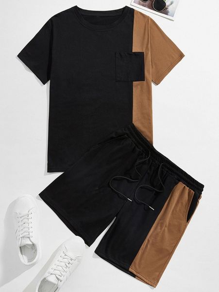 

men colorblock tee with drawstring shorts d2qv#, Gray