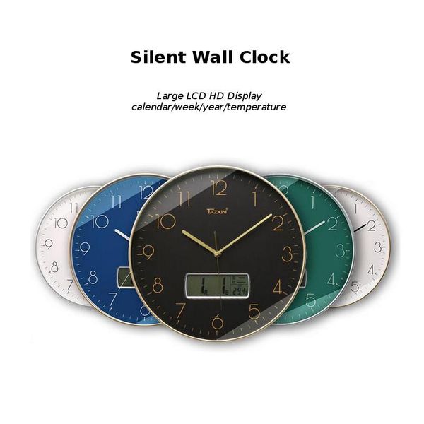 

simple round 12 inch wall clock temperature date calendar display study room kitchen living room silent scanning quartz clock
