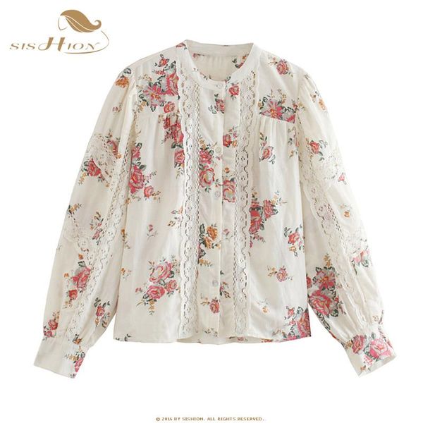 

sishion autumn vintage blouse women vd1524 long sleeve lace floral print blouse women 2021 ladies haut femme, White