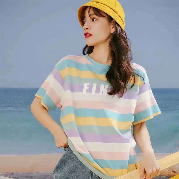 

k-pop 2021 new raiow striped t-shirts for women will see harajuku oversize short sleeve t school clothes young style g4ci, White