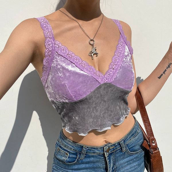 

frill velvet v neck y2k crop women summer sleeveless backless cami ladies fashion purple casual camisole, White
