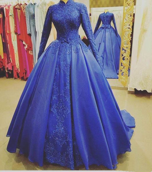 Modest Royal Blue Muçulmano Formal Vestidos de Noite Alto Pescoço Laço Aplicada Oriente Médio Inverno 2021 Festa de Manga Longa Vestidos de Bola de Prom Vestidos Islâmicos Marrocos Kaftan