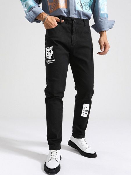 

men graphic & letter graphic jeans v63g#, Blue