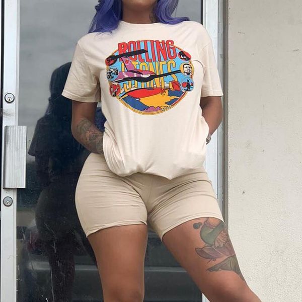 

2021 summer print women's pullover t-shirt shorts pants tracksuit biker short casual streetwear two piece set plus size clothing, Gray