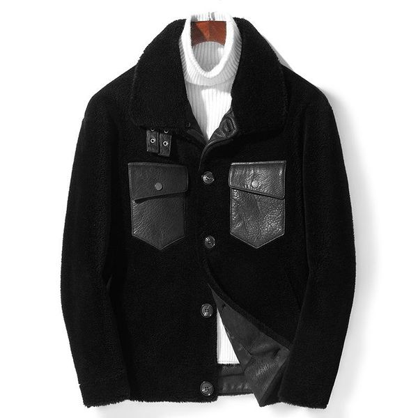 

men's leather & faux haining fur and one man's lapel short slim fit sheep shearer coat wool, Black