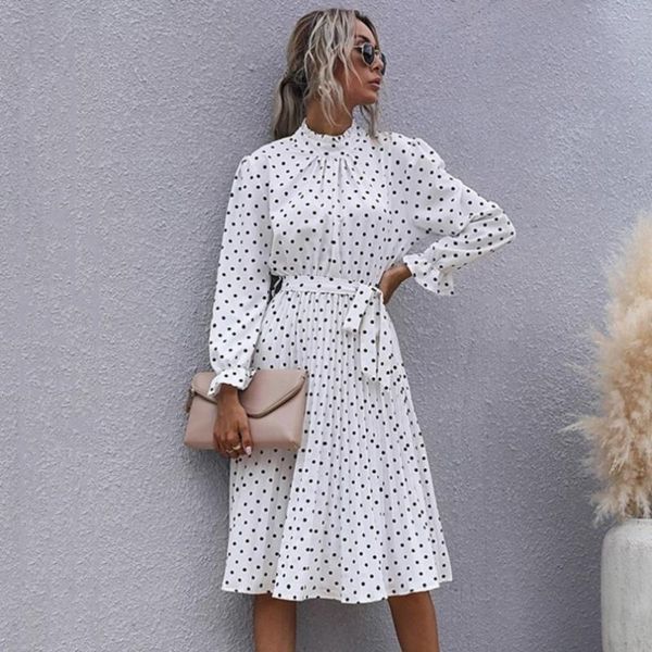 

casual dresses ladies vintage polka dot print dress women o neck butterfly sleeve spring autumn slim maxi vestidos female, Black;gray
