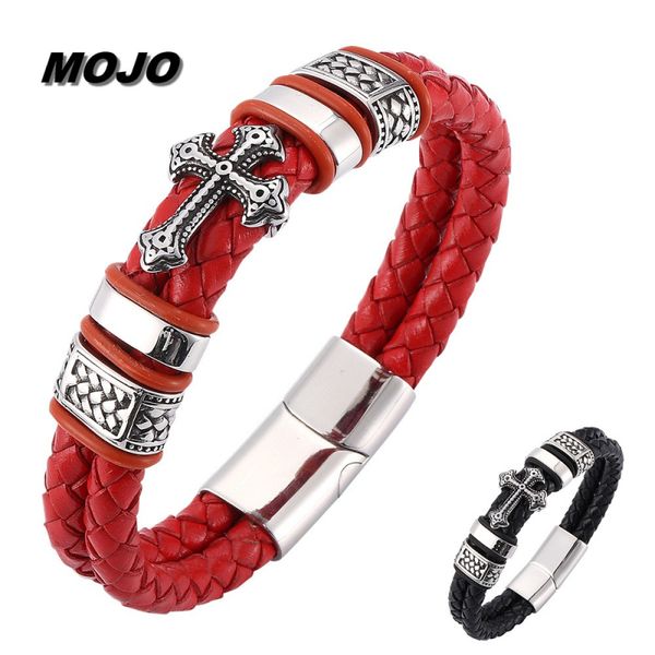 

new fashion stainless steel cross charm bracelet magnetic buckle multilayer black red genuine leather bracelets for men, Golden;silver
