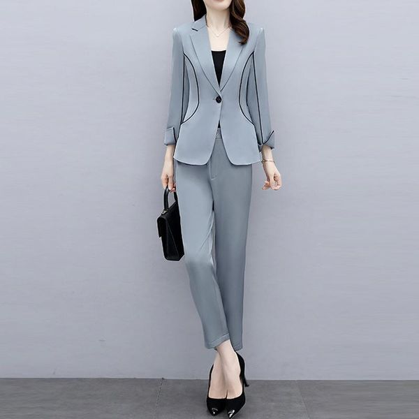 

women's two piece pants casual small blazer and pencil set women spring autumn femme elegant solid pant & coat office lady suit sets, White