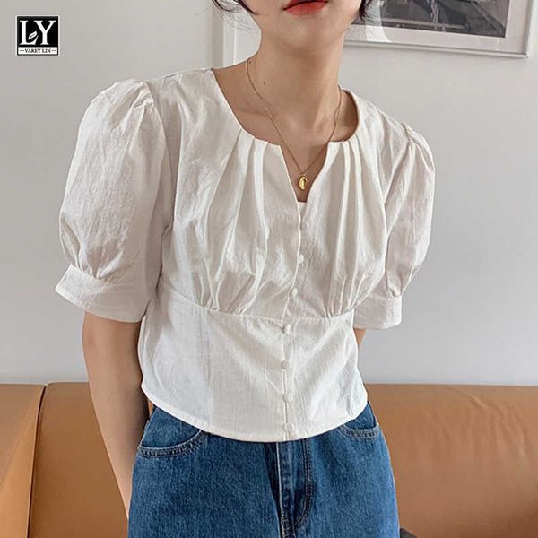 

ly varey lin women summer elegant v-neck single breasted short shirts sweet loose solid color puff sleeve 210526, White