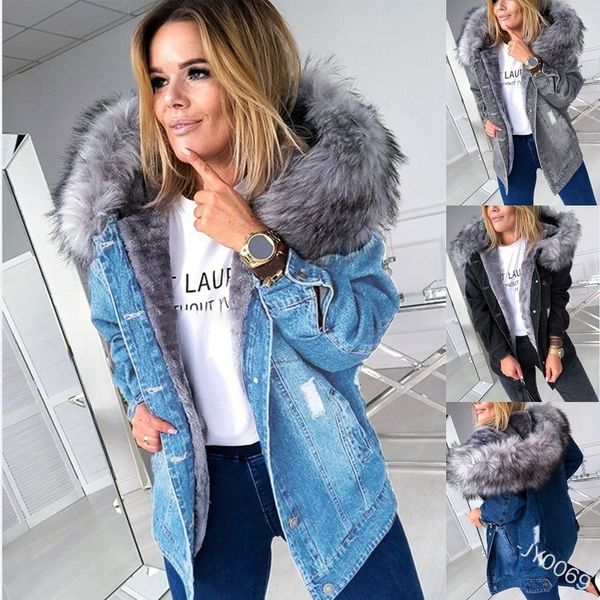 

european and american retro big fur collar denim jacket temperament commuting to keep warm mid-length broken hole distressed coat, Black