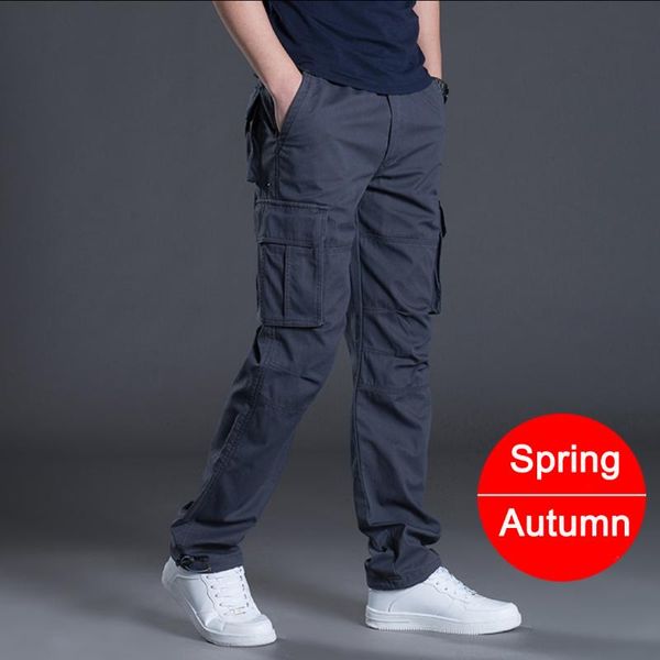 

men's pants spring and autumn overalls thicken multi-pocket loose straight large size casual, Black