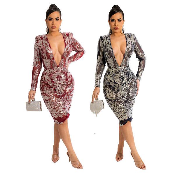 

ladies sequin party style fashion feminine deep v-neck long sleeve slim fit hip a-line pantless dress, Black;gray