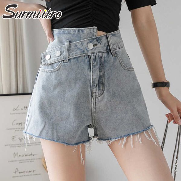 SURMIITRO Sommer Unregelmäßige Blaue Denim Shorts Frauen Koreanische Stil Ins Mode Hohe Taille Jeans Weibliche Kurze Hosen 210712